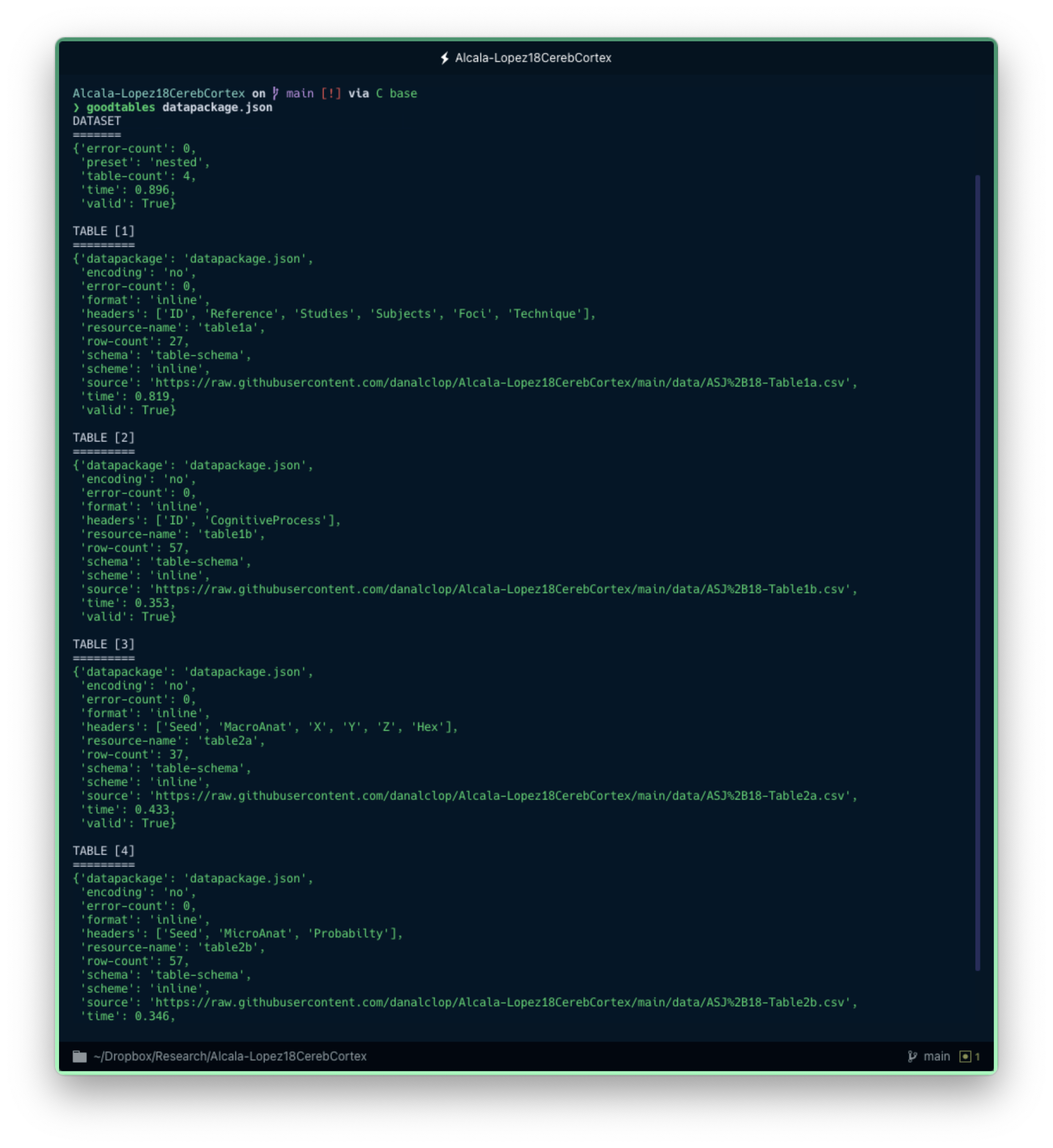 Output from the 'goodtables' command-line tool