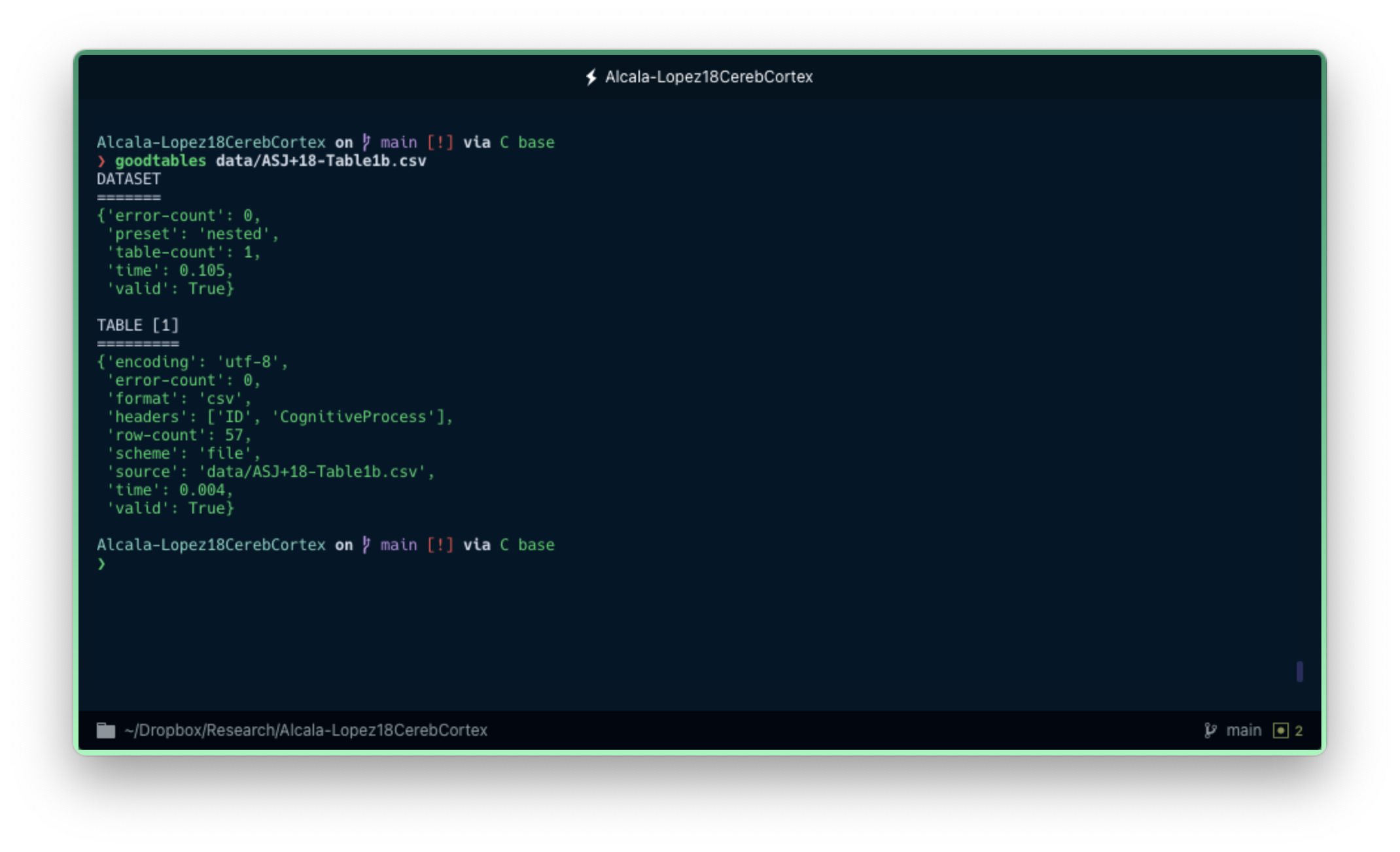 Output from 'goodtables' command-line tool when checking a valid data file