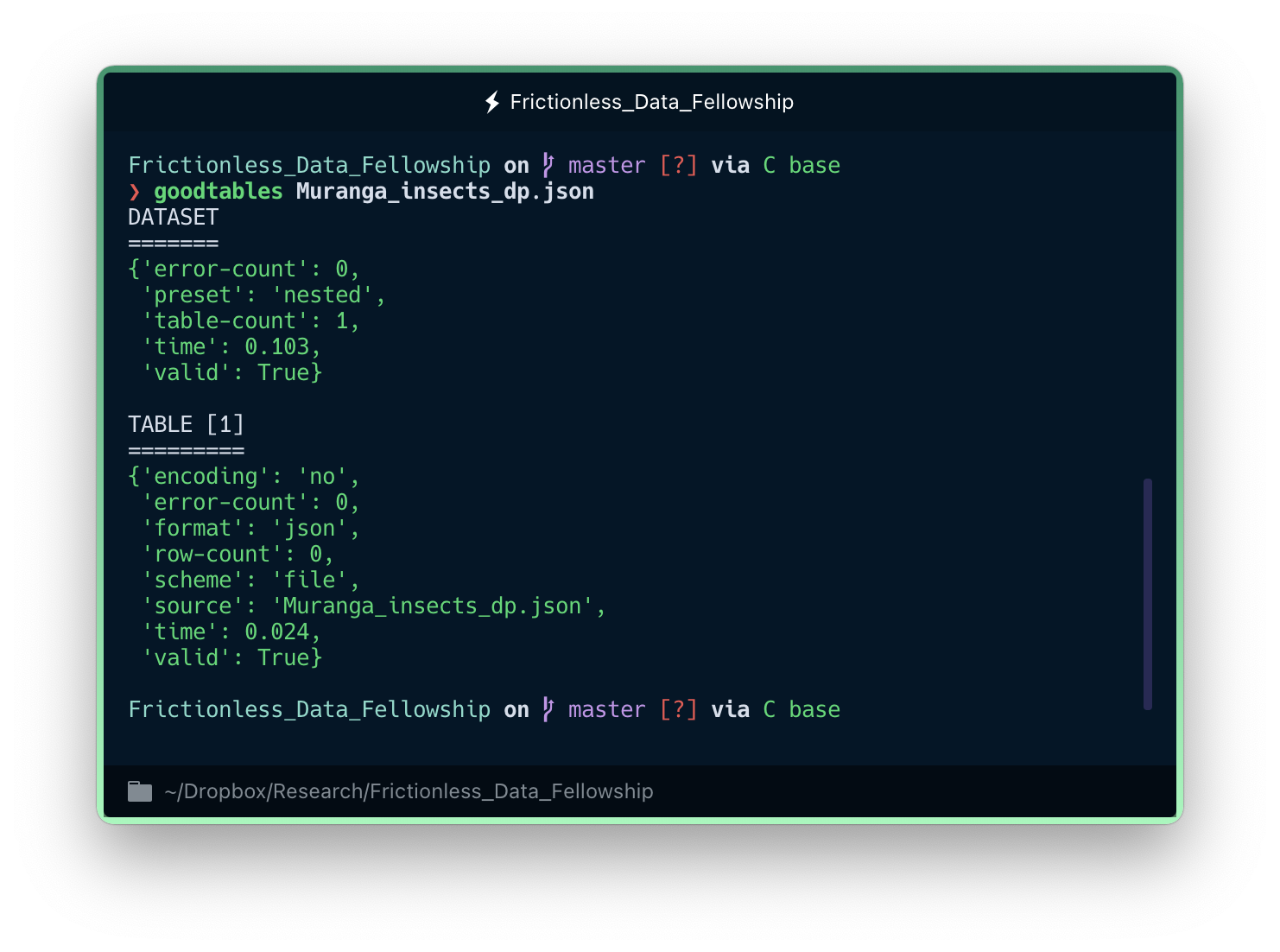 Output from the 'goodtables' command-line tool on a DataPackage JSON file