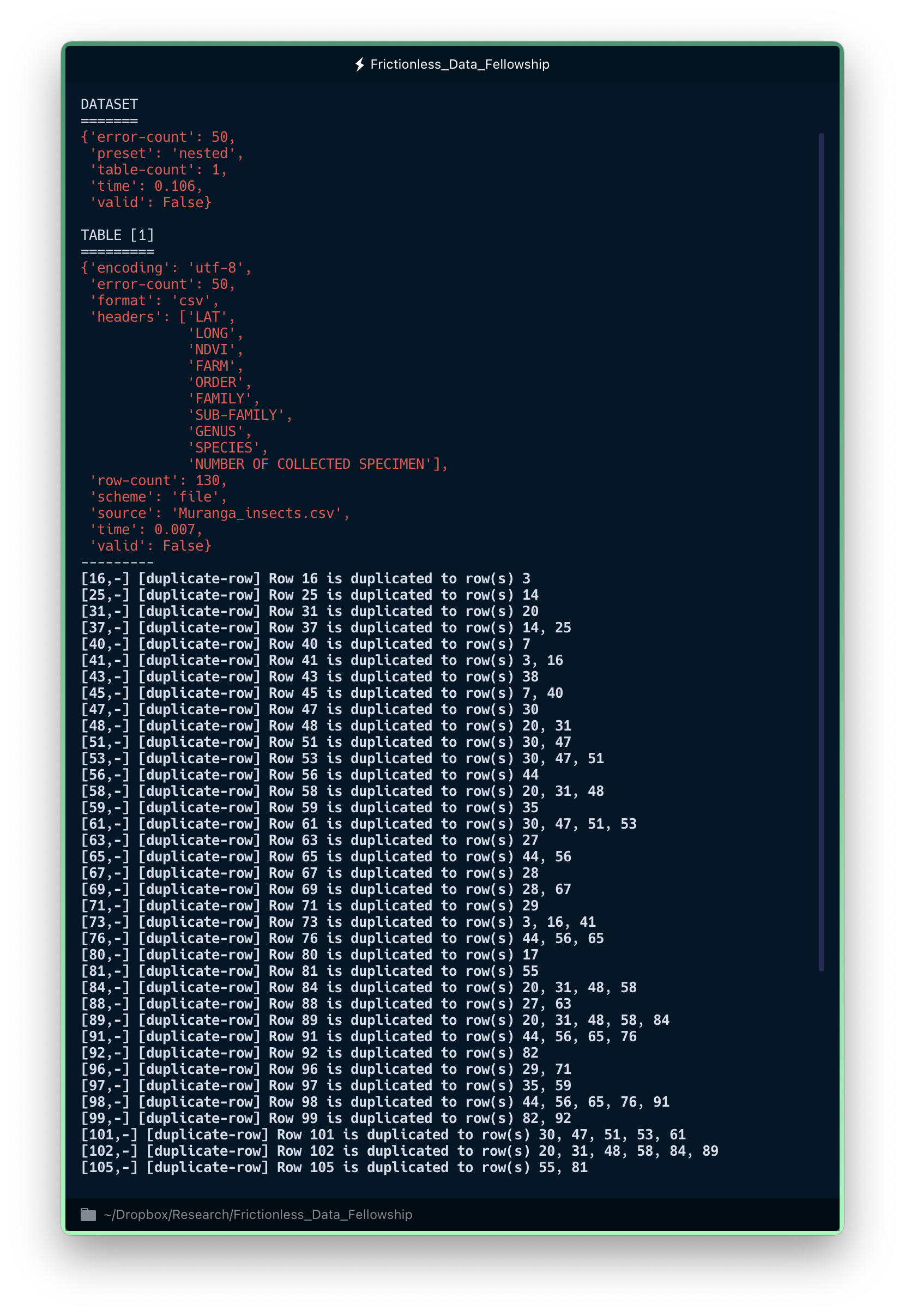 Output from the 'goodtables' command-line tool on a tabular CSV data file