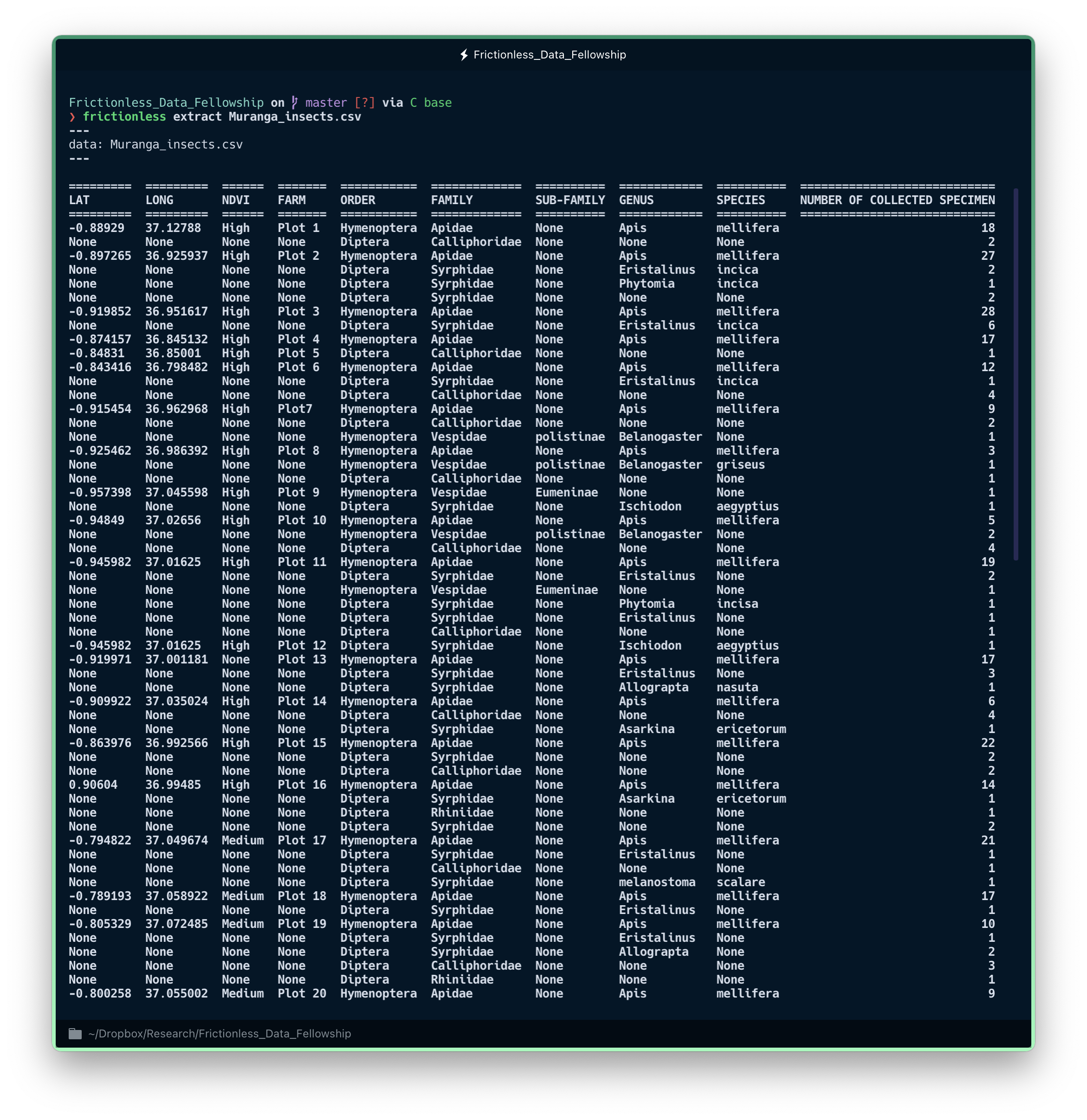 Output from the 'goodtables' command-line tool on a tabular CSV data file