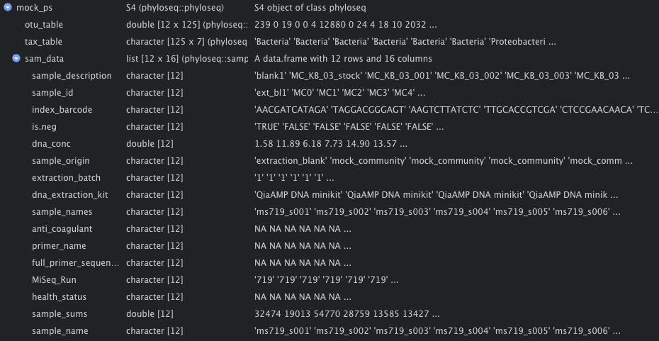 Rstudio screenshot showing the types of dataframes within a phyloseq object