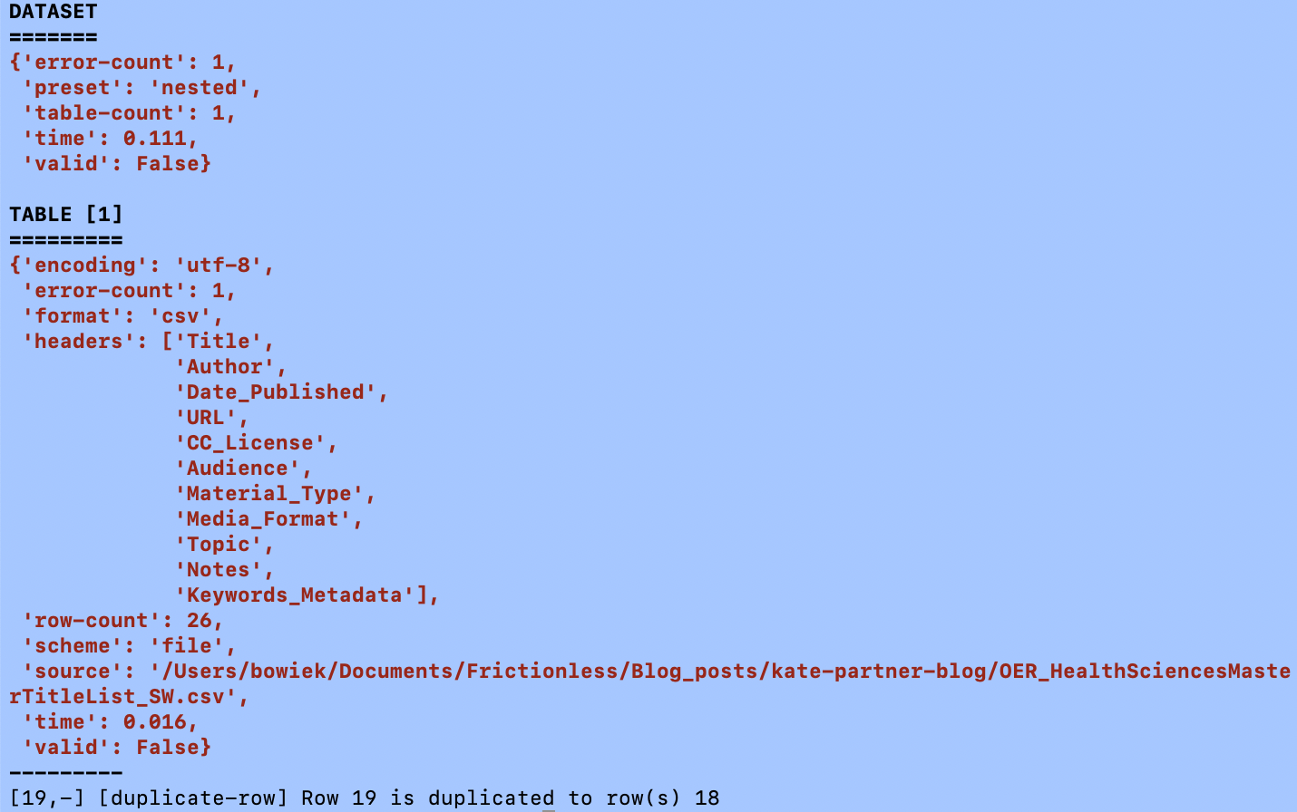 error thrown from duplicated row using the command line