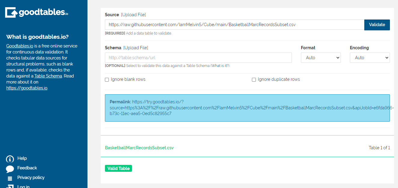 screenshot of validation with good tables